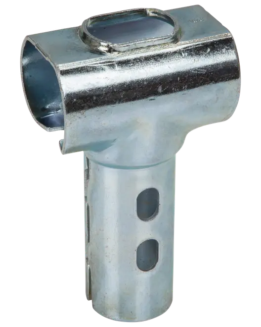 T-formet rørforbinder i galvaniseret stål med to ovale huller på den lodrette del. Bruges til samling af runde rør i stillads eller konstruktion. Korrosionsbestandig overflade.
