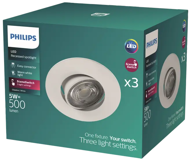 Philips LED indbygget spotlys, 3-pak, 5W, 500 lumen, hvid, SceneSwitch med tre lysindstillinger, nem tilslutning, giver varmt hvidt lys, velegnet til loftmontering.