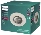 Philips LED indbygget spotlys, 3-pak, 5W, 500 lumen, hvid, SceneSwitch med tre lysindstillinger, nem tilslutning, giver varmt hvidt lys, velegnet til loftmontering.