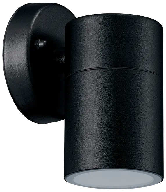 Moderne sort cylinderformet udendørs væglampe med mat finish. Lampen lyser nedad og har en rund base til vægmontering. Velegnet til udendørs brug, vejrbestandig konstruktion.