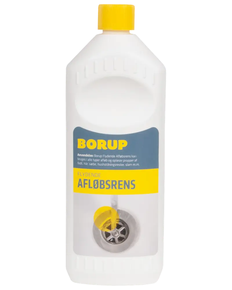 Borup flydende afløbsrens i hvid plastflaske med gult låg. Opløser propper i afløb og vask. Etiketten er blå og gul med produktinformation.