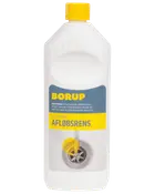Borup flydende afløbsrens i hvid plastflaske med gult låg. Opløser propper i afløb og vask. Etiketten er blå og gul med produktinformation.