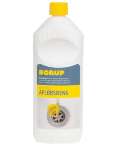 Borup flydende afløbsrens i hvid plastflaske med gult låg. Opløser propper i afløb og vask. Etiketten er blå og gul med produktinformation.