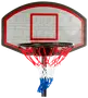 Basketballkurv med sort ring, net i rød, hvid og blå, og rektangulær bagplade med rød kant og firkantede markeringer. Velegnet til udendørs eller indendørs brug.