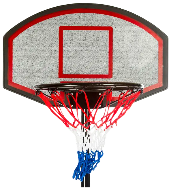 Basketballkurv med sort ring, net i rød, hvid og blå, og rektangulær bagplade med rød kant og firkantede markeringer. Velegnet til udendørs eller indendørs brug.