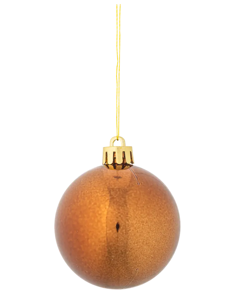 Rund, glänsande julgranskula i guld med metallisk yta, guldfärgad topp och hängande snöre. Passar till julgransdekoration eller festliga arrangemang. Enkel, elegant design.