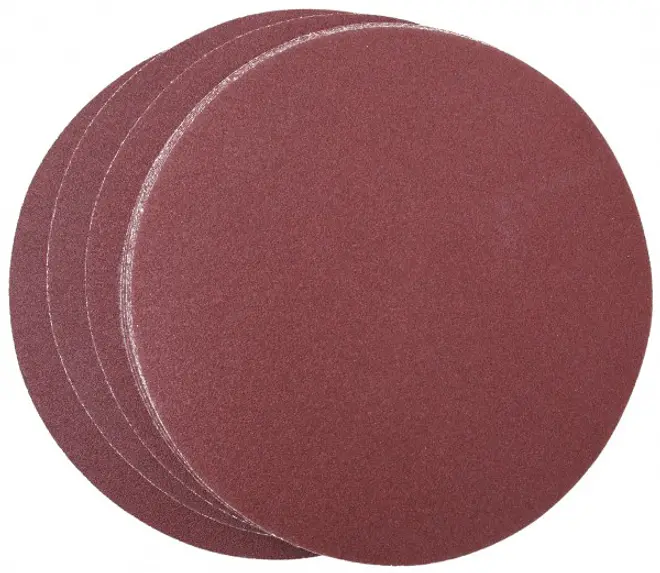 Sæt af runde, rødbrune slibeskiver med fin slibende overflade, beregnet til brug med elektriske slibemaskiner. Velegnet til træ, metal eller plast.