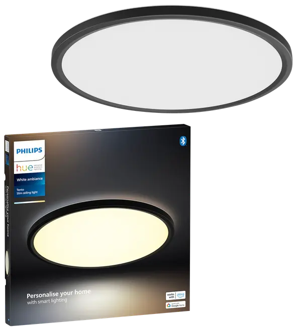 Rund, slank loftlampe med sort ramme og hvid diffuser. Smart belysning, kompatibel med Alexa og Google Home. Leveres i Philips Hue White Ambiance emballage.