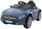 Blå Mercedes-Benz elbil til børn med realistiske detaljer, sølvfarvede hjul, sort sæde, rat og frontgitter med Mercedes-logo. Velegnet til leg både inde og ude.