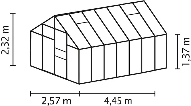 Rektangulärt växthus med sadeltak, dörr på kortsidan. Mått: 2,57 m brett, 4,45 m långt, 2,32 m högt vid nock, 1,37 m vid takfot.