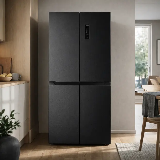 Modern svart fyrdörrars kylskåp med matt yta, digital kontrollpanel på övre högra dörren, rymlig och stilren design. Passar moderna kök.