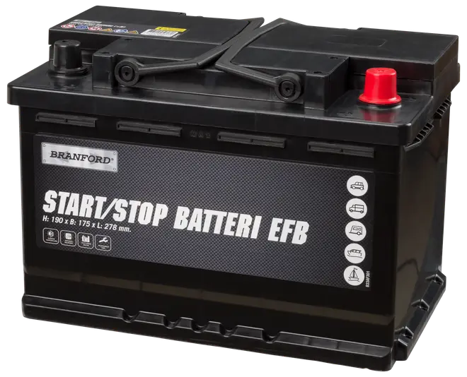Sort Branford Start/Stop EFB bilbatteri, rektangulær form, bærehåndtag, mål 190x175x278 mm, egnet til biler med start/stop-system, synlige plus- og minuspoler.
