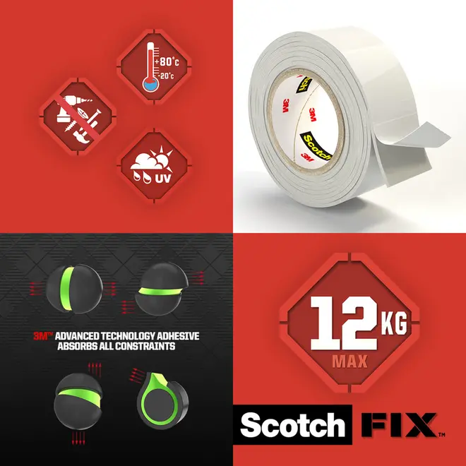 Scotch FIX dobbeltklæbende tape, hvid, stærk hold op til 12 kg, vejr-, UV- og temperaturbestandig, egnet til forskellige overflader, avanceret 3M klæbeteknologi.