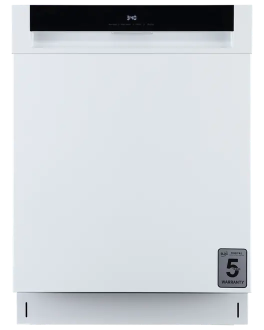 Modern vit diskmaskin med slät front, digital display upptill och 5 års garantimärke nere till höger. Minimalistisk design utan synligt handtag.