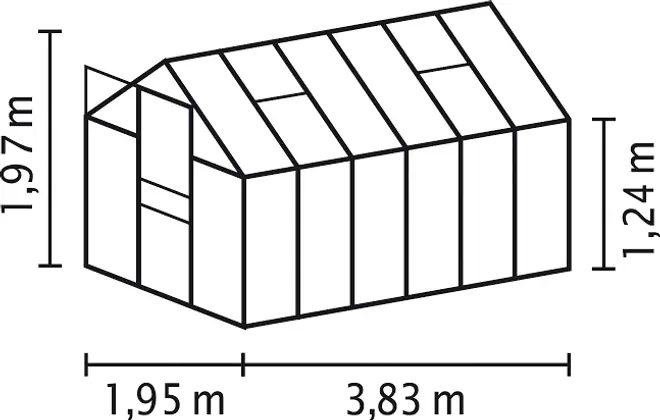 Rektangulärt växthus med sadeltak, dörr och fönster. Mått: 1,95 m brett, 3,83 m långt, 1,97 m högt vid nock, 1,24 m vid takfot.