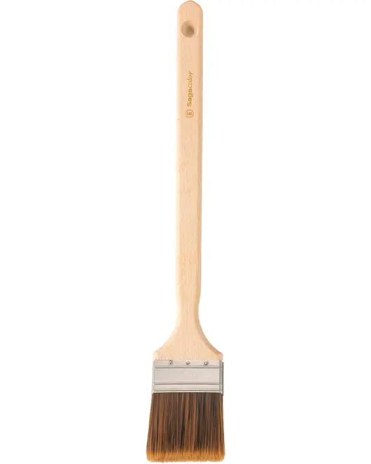 Platt bakpensel med långt träskaft, metallhylsa och mjuka bruna borst. Perfekt för glasering, pensling eller spridning av vätska på bakverk.