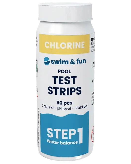 Hvid plastikbeholder med skruelåg, mærket til pool teststrimler. Indeholder 50 strimler til test af klor, pH-niveau og stabilisator. Mærke: swim & fun. Trin 1: Vandbalance.