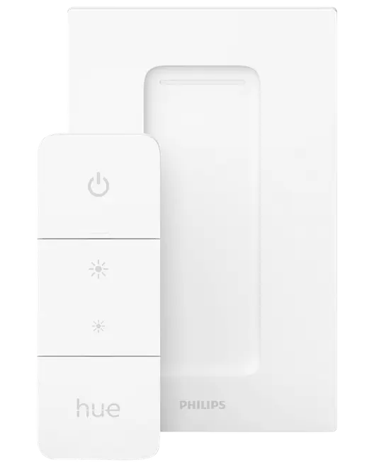 Hvid Philips Hue smart dæmperkontakt med tre knapper til tænd/sluk og lysstyrke, samt vægplade. Elegant, moderne design til trådløs lysstyring.