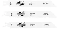 Sæt med tre Mitsutomo metalsavklinger, 150x19mm, 18 TPI, BIM-materiale, hvid farve, egnet til metalskæring, hver klinge mærket med specifikationer og logo.