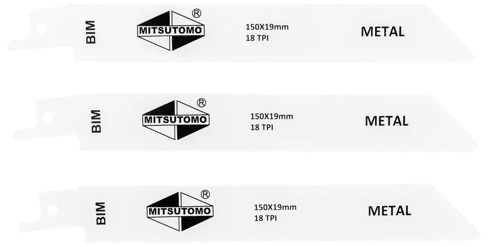 Sæt med tre Mitsutomo metalsavklinger, 150x19mm, 18 TPI, BIM-materiale, hvid farve, egnet til metalskæring, hver klinge mærket med specifikationer og logo.