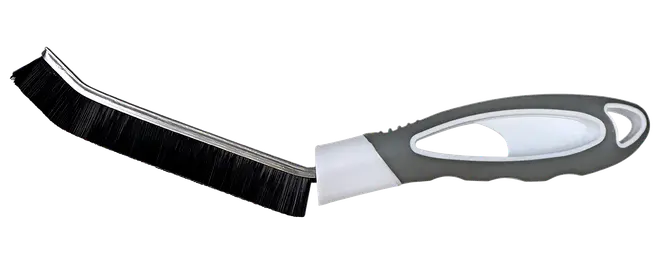 Buet rengøringsbørste med gråt ergonomisk håndtag og sorte børstehår, designet til hjørner og smalle steder.