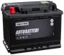 Branford bilbatteri, sort rektangulær design, mærket AUTOBATTERI. Mål: 190 x 175 x 242 mm. Topterminaler, egnet til biler og varevogne, vedligeholdelsesfri, robust konstruktion.