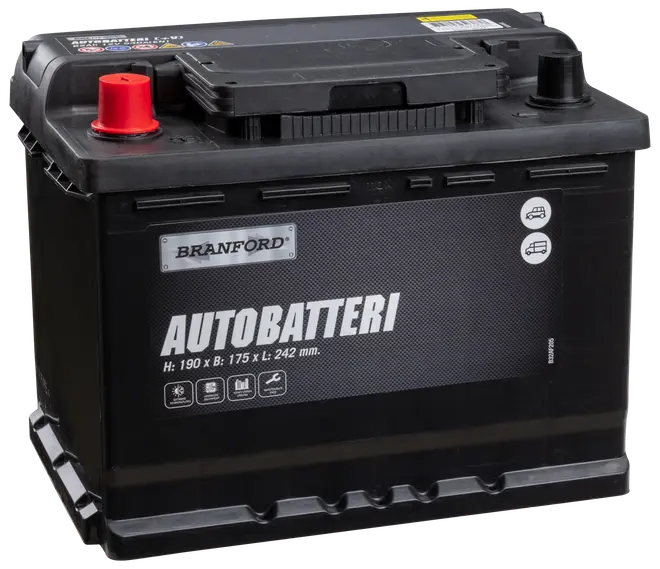 Branford bilbatteri, sort rektangulær design, mærket AUTOBATTERI. Mål: 190 x 175 x 242 mm. Topterminaler, egnet til biler og varevogne, vedligeholdelsesfri, robust konstruktion.
