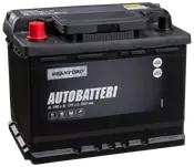 Branford bilbatteri, sort rektangulær design, mærket AUTOBATTERI. Mål: 190 x 175 x 242 mm. Topterminaler, egnet til biler og varevogne, vedligeholdelsesfri, robust konstruktion.