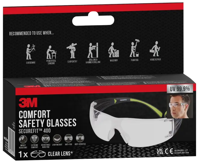 3M Comfort sikkerhedsbriller med klar linse, sort og grøn ramme, slagfast, antidug, ridsefast, letvægts, justerbar næsepude, giver 99,9% UV-beskyttelse.