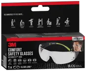 3M Comfort sikkerhedsbriller med klar linse, sort og grøn ramme, slagfast, antidug, ridsefast, letvægts, justerbar næsepude, giver 99,9% UV-beskyttelse.