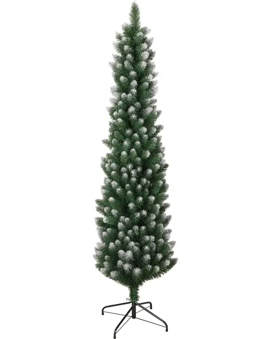 Slankt kunstigt juletræ med grønne grene og hvide, frostede spidser. Leveres med sort metalfod. Perfekt til små rum eller hjørner. Ingen pynt medfølger.