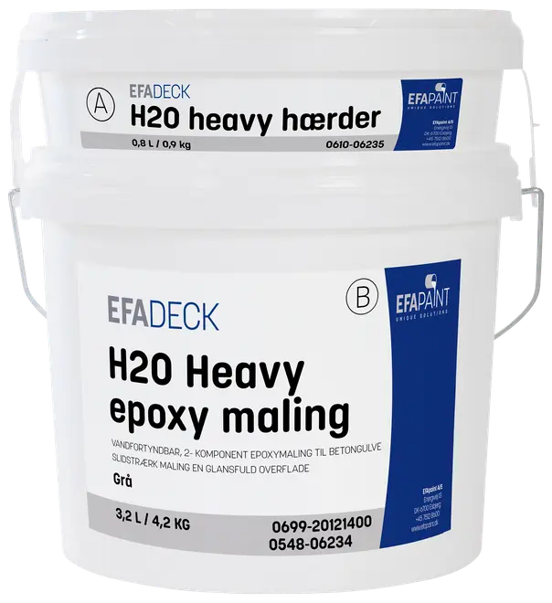EFADECK H2O Heavy epoxymaling sæt, indeholder hærder og maling, 3,2L/4,2kg, til betongulve, vandfortyndbar, to-komponent, grå farve, giver en glansfuld, slidstærk overflade.