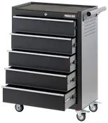 Sort metal værktøjsskuffe med fem rummelige skuffer, låsbar top, solid sidehåndtag, perforeret sidepanel og fire drejelige hjul. Perfekt til opbevaring af værktøj.