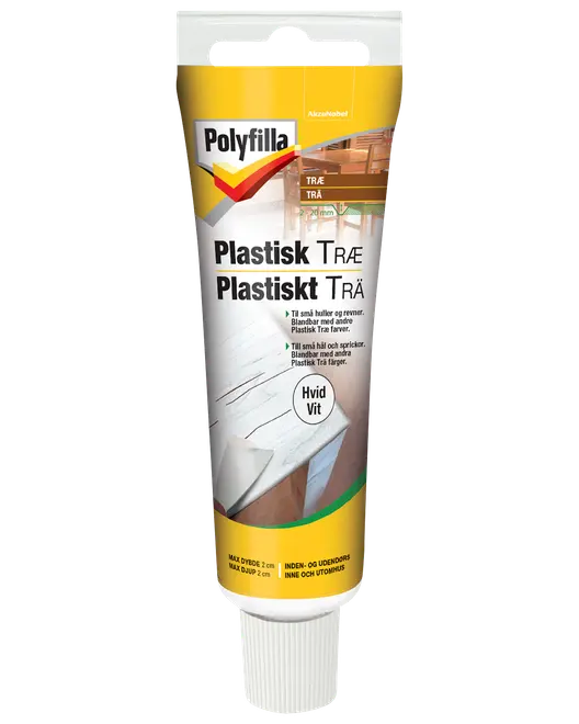 Polyfilla hvid spartelmasse i tube til træ og plast med gul top og ophæng.
