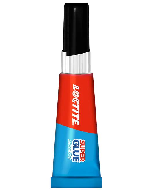 Lille tube Loctite Super Glue Pure Gel med sort låg, rød og blå krop, designet til præcis påføring og stærk, hurtig limning af forskellige materialer.
