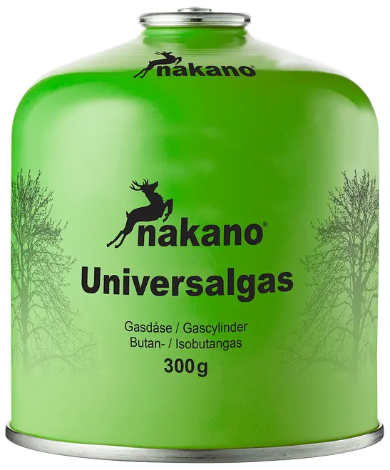 Grön Nakano universalgasbehållare, 300g, för camping eller utomhuskök. Innehåller butan och isobutan. Svart logotyp, hjortmotiv och träd-silhuetter på sidorna.