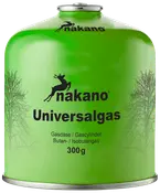 Grön Nakano universalgasbehållare, 300g, för camping eller utomhuskök. Innehåller butan och isobutan. Svart logotyp, hjortmotiv och träd-silhuetter på sidorna.
