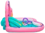 Oppustelig børnepool i pink og turkis med lille rutsjebane, basketballkurv og flydende ringe. Perfekt til udendørs vandleg og sjov for børn.