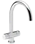 Moderne køkkenarmatur i krom med høj, buet tud og to cylindriske greb til varmt og koldt vand. Elegant, minimalistisk design til moderne køkkener.