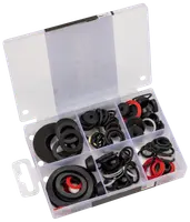 Sortimentslåda med gummipackningar i olika storlekar och färger. Perfekt för VVS, reparationer och underhåll. Innehåller svarta, röda och vita packningar.