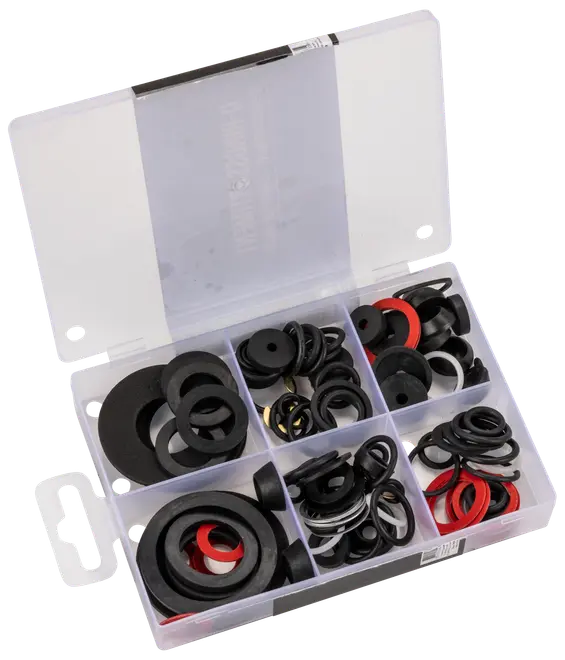 Sortimentsboks med gummipakninger i forskellige størrelser og farver. Perfekt til VVS, reparationer og vedligeholdelse. Indeholder sorte, røde og hvide pakninger.
