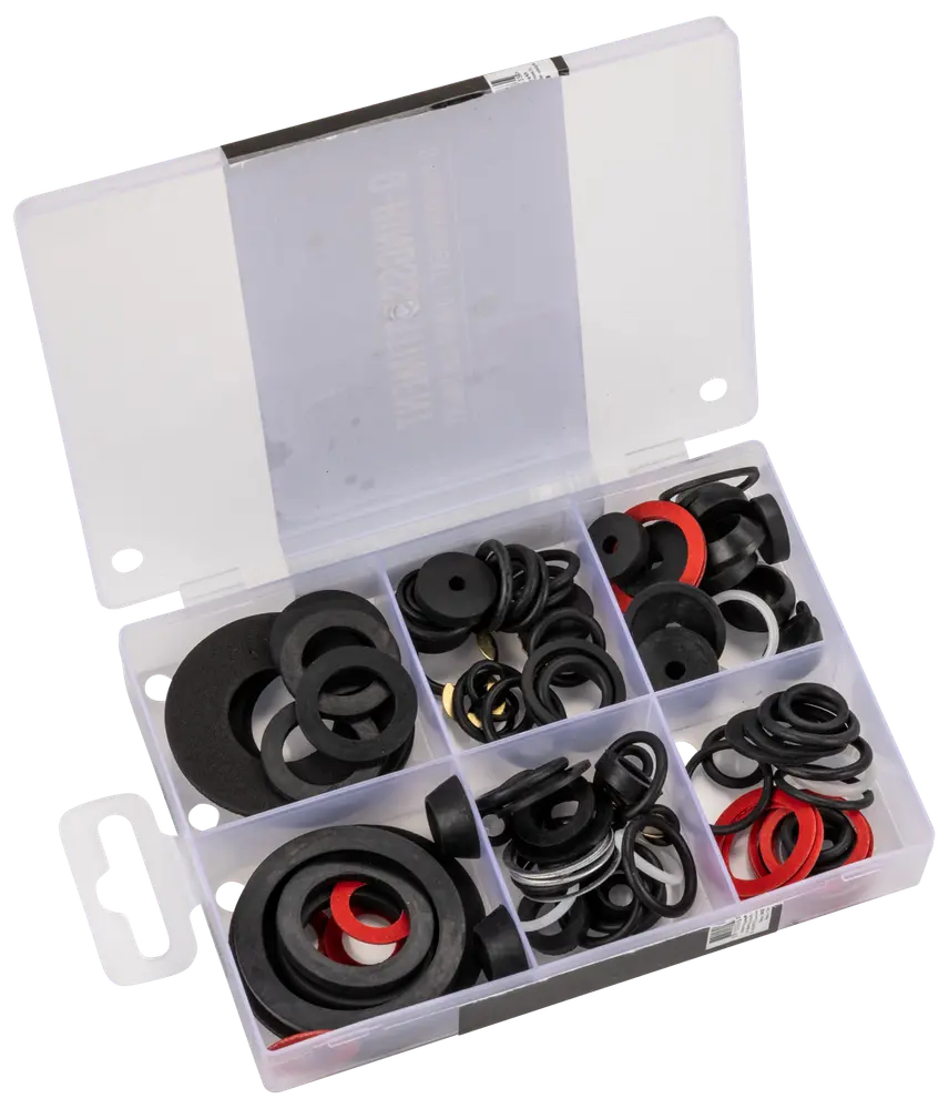 Sortimentslåda med gummipackningar i olika storlekar och färger. Perfekt för VVS, reparationer och underhåll. Innehåller svarta, röda och vita packningar.