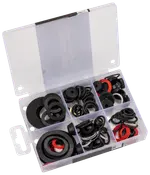 Sortimentslåda med gummipackningar i olika storlekar och färger. Perfekt för VVS, reparationer och underhåll. Innehåller svarta, röda och vita packningar.