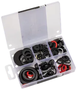 Sortimentslåda med gummipackningar i olika storlekar och färger. Perfekt för VVS, reparationer och underhåll. Innehåller svarta, röda och vita packningar.