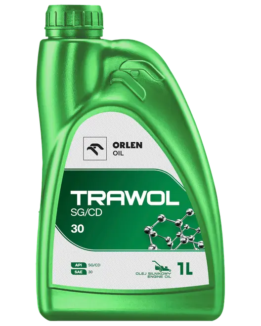 Grøn 1-liters plastflaske med Orlen Oil Trawol SG/CD 30 motorolie, sikker skruelåg og moderne etiket med molekylegrafik og produktspecifikationer.