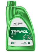 Grøn 1-liters plastflaske med Orlen Oil Trawol SG/CD 30 motorolie, sikker skruelåg og moderne etiket med molekylegrafik og produktspecifikationer.