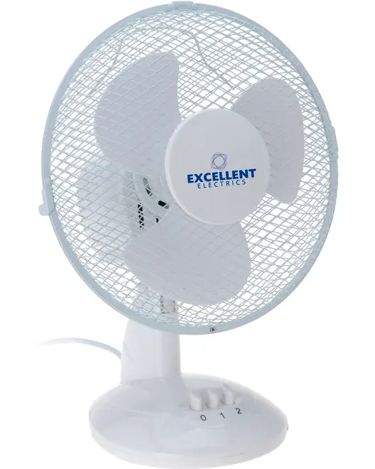 Hvid bordventilator med tre blade, sikkerhedsnet, hastighedsknap med tre indstillinger og "Excellent Electrics" logo på fronten. Kompakt design til skrivebord eller bord.