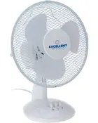 Hvid bordventilator med tre blade, sikkerhedsnet, hastighedsknap med tre indstillinger og "Excellent Electrics" logo på fronten. Kompakt design til skrivebord eller bord.