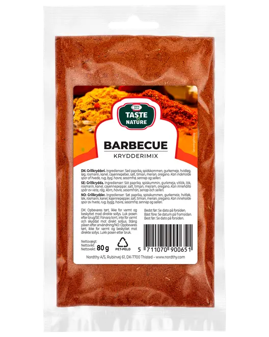 Taste Nature Barbecue kryddmix, 80g återförslutningsbar påse. Innehåller söt paprika, spiskummin, gurkmeja, vitlök, lök, rosmarin, salt och andra kryddor. Perfekt för grillning.