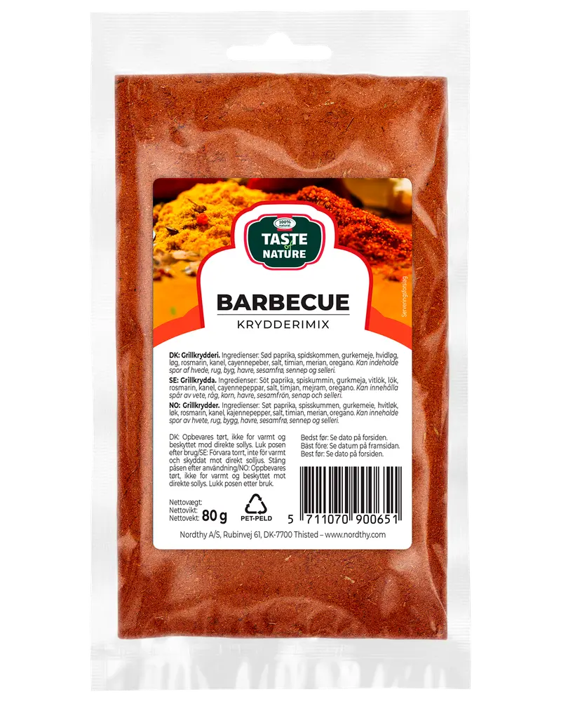 Taste Nature Barbecue kryddmix, 80g återförslutningsbar påse. Innehåller söt paprika, spiskummin, gurkmeja, vitlök, lök, rosmarin, salt och andra kryddor. Perfekt för grillning.
